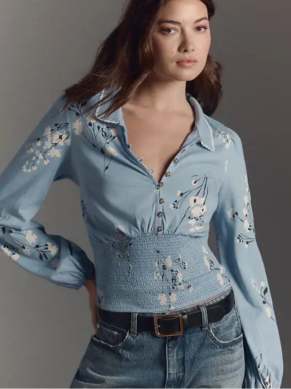 Maeve by Anthropologie Light Blue Floral Smocked Button-down Blouse